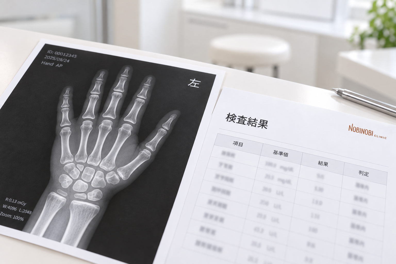 手のレントゲンと検査結果の資料を表したイメージ画像